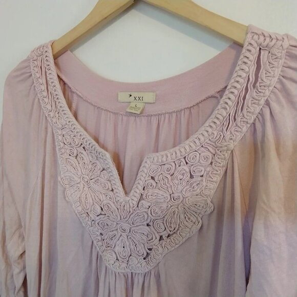 Dusty Pink L Top Textured Lace Collar Elastic Hem Short Puff Sleeves - Picture 3 of 6